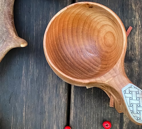 Kuksa cup with two fingered hand- engraved design handle
